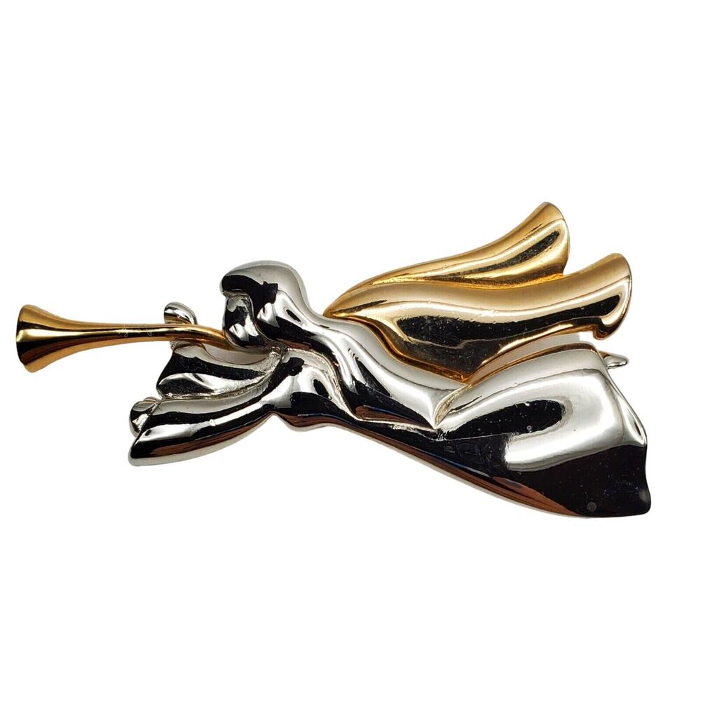 Liz Claiborne Angel Trumpet Brooch Gold & Silver Vintage Pin Playing Horn